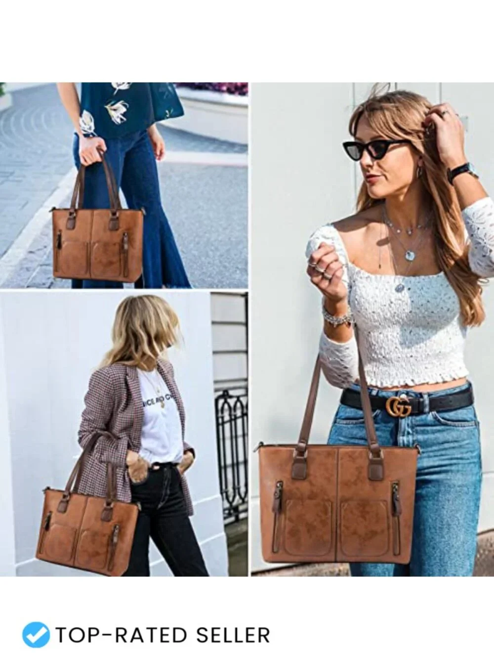 Faux Leather Hobo Shoulder Bag with Multi-Pockets for Work